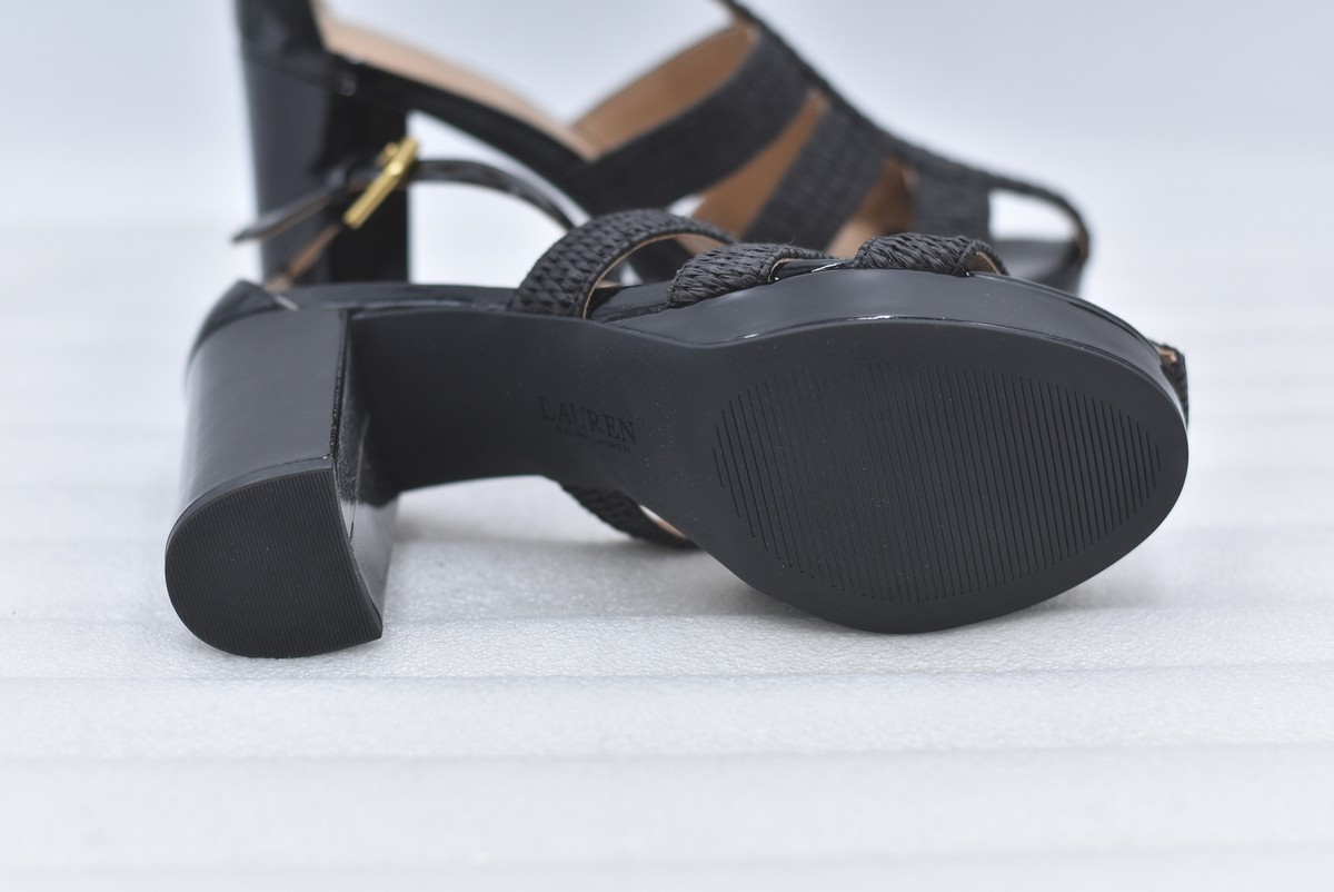 LAUREN Ralph Lauren Francesca Raffia-Leather Sandal in Black Size