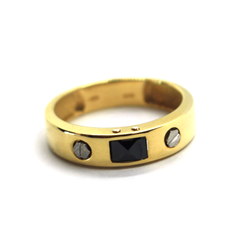 18K YELLOW WHITE GOLD MAN BAND 5mm THICK RING, MODERN SQUARED SCREWS WITH ONYX - Picture 1 of 5