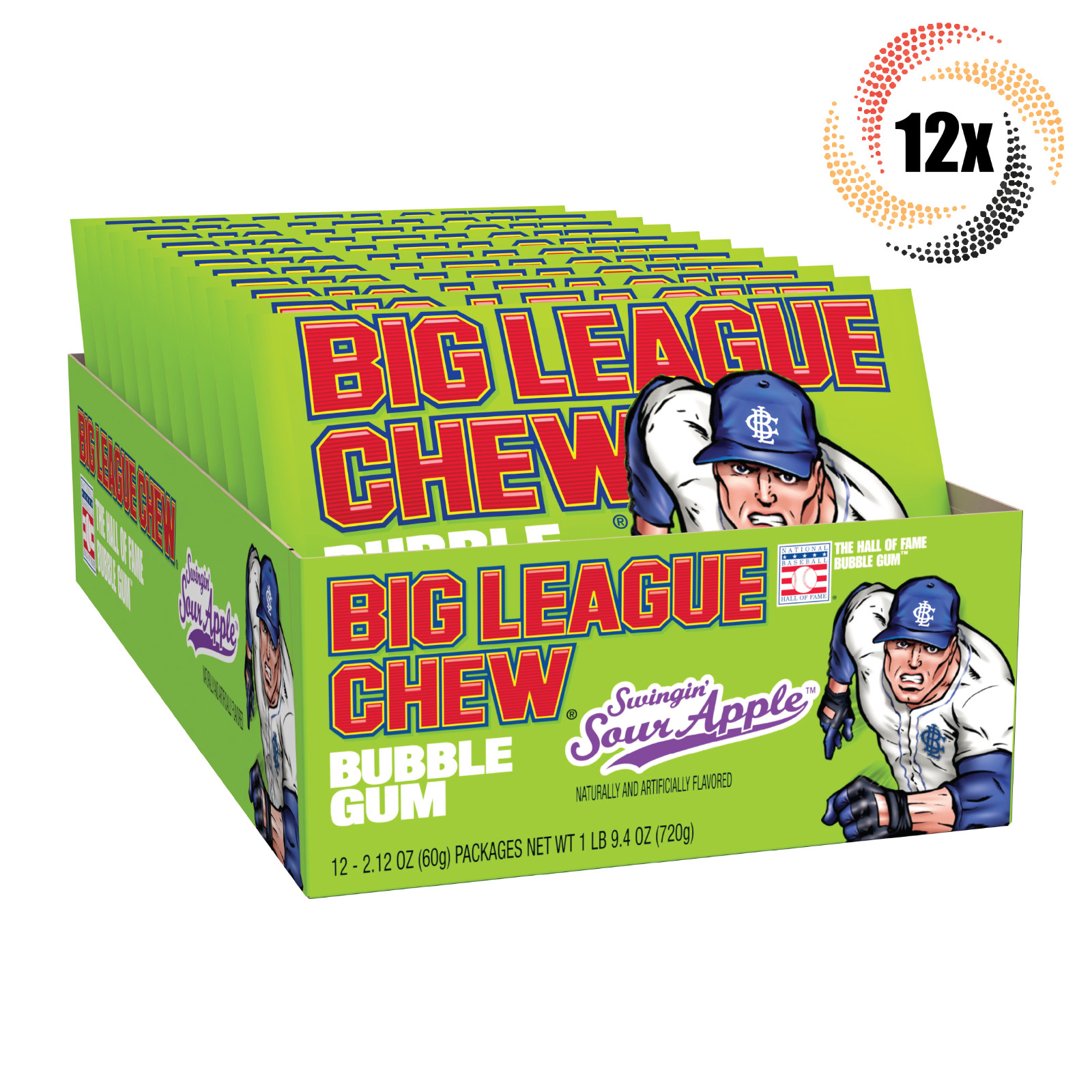 Full Box 12x Packs Big League Chew Bubble Gum Swingin Sour Apple | 2.12oz |