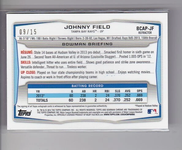 JOHNNY FIELD 2014 Bowman Chrome RC Lot of 3 Autographed Refractors #BCAP-JF #/15 - Image 3 of 4