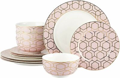 12Pc Fine China Dinner Dining Set Pink Gold Decal Crockery