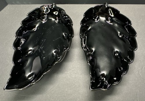 Pair Vintage Frankoma Pottery 226 Black Onyx Leaf Foilage Tray Trinket Dishes - Picture 19 of 24