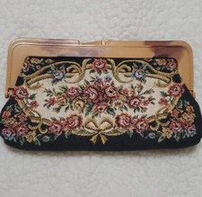 Vintage Tapestry Purse Floral Flower Clutch Handbag Woven Gold Frame Bag Needlep