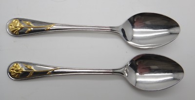 Kirk Stieff Benchmark Stainless Set 2 Soup Spoons Danae Gold Pattern Free Ship!