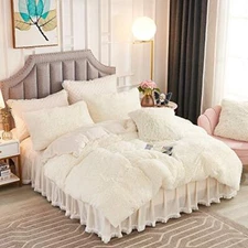  Luxury Long Faux Fur 2 PCS Bedding Set Shaggy Comforter Duvet Cover Twin Cream