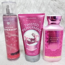 Bath & Body Works Set TWISTED PEPPERMINT Body Mist, Lotion,Body Scrub Exfoliant 