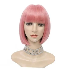 Pink Wigs for Women Synthetic Short Bob Wig with Bangs Glueless Apple pink wig