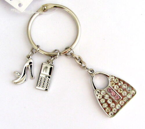 Silver & Crystal Diamante Handbag Charm Keyring Pink Or Blue - Picture 1 of 3