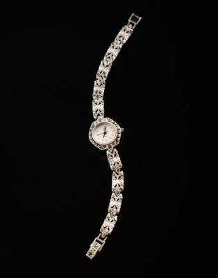 Traumhafte Art Déco Damenuhr, 925er Silber, Markasit & Zirkonia-Zifferbl., 18cm - Bild 1 von 4