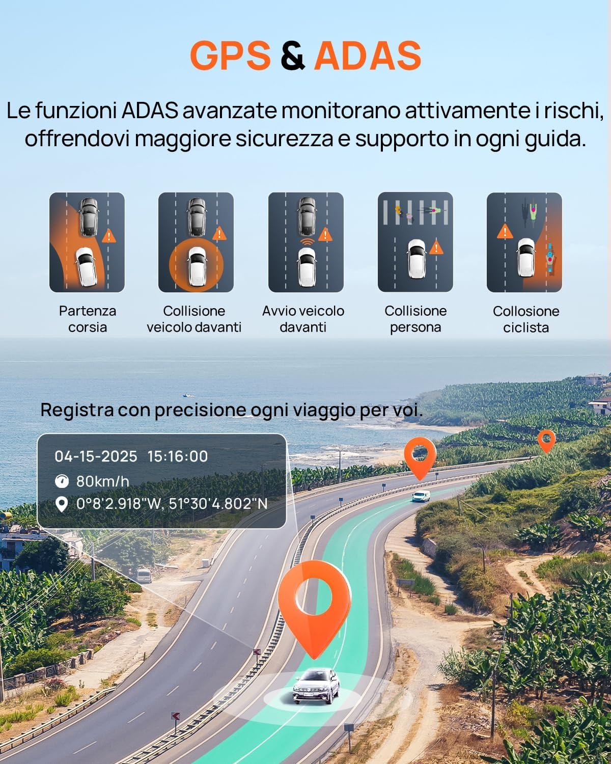 A800se Dashcam 4k+1080p GPS WIFI Doppia Telecamera Auto Fronte/retro con Sd 128 - Miniatura 6