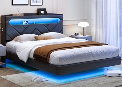 Floating Bed Frame Queen Bedframe with Headboard, Black Queen Size Bed Frames...