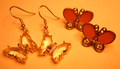 2 Pair Butterfly Pierced Earrings Crystal Enamel