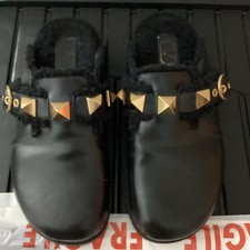 Valentino Garavani Roman Stud black leather shearling Mules size 6