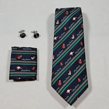 Barry Wang Christmas Tie Multicolored 100% Silk with Kerchief and Cufflinks
