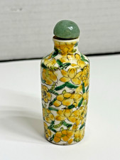 VTG Yellow Chinese Asian Flowers Porcelain Perfume Snuff Bottle & Dauber 3.25"