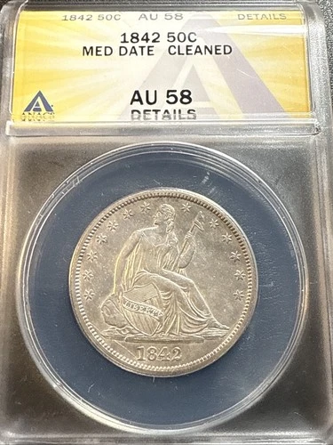 1842 *MED Date* Liberty Seated Half Dollar "ANACS AU58 Cleaned"