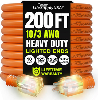 200Ft Outdoor/Indoor Extension Cord 10/3 Gauge Ultra Heavy Duty 3 Prong SJTW, Wa