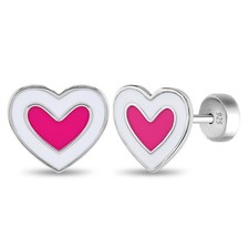 Hearts Baby / Toddler / Kids Earrings Safety Push Back Enamel - Sterling Silver