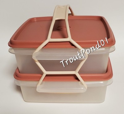Vintage Tupperware Square Keepers Quartet w/ Handle Lunch Sandwich Picnic Pink