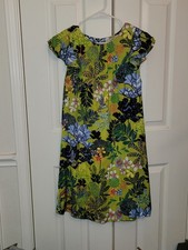 LOFT Puce Green Floral Shift Dress Sleeveless Ruffle Sleeves Sz SM Button Back