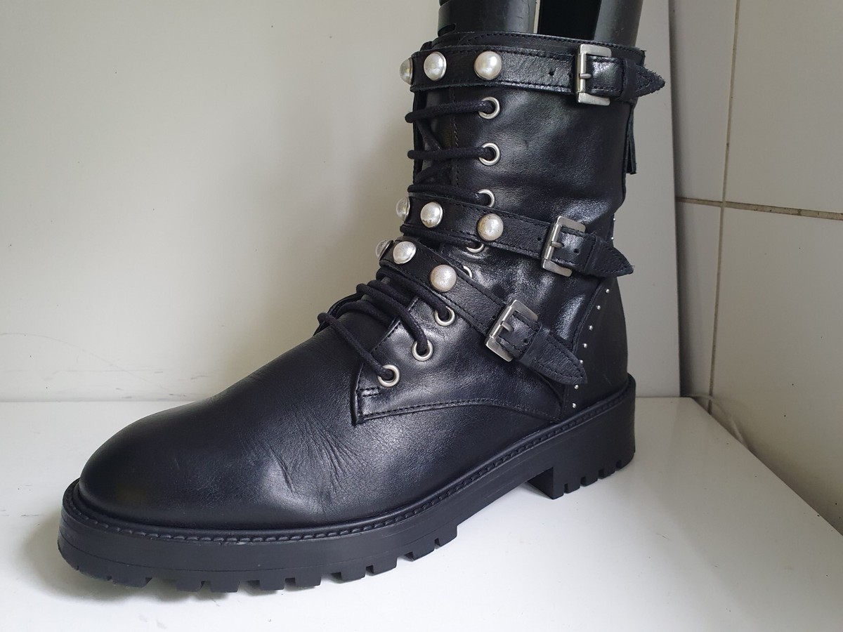 ZARA BASIC DESIGNER UK EU 39 WOMENS BLACK LEATHER FLAT STUDDED ANKLE BOOTS
