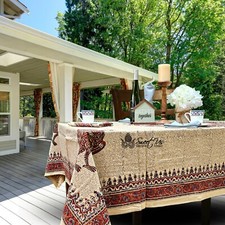 Block Print Red Tablecloth for Dining Kitchen Cotton Floral Table Linen Beige