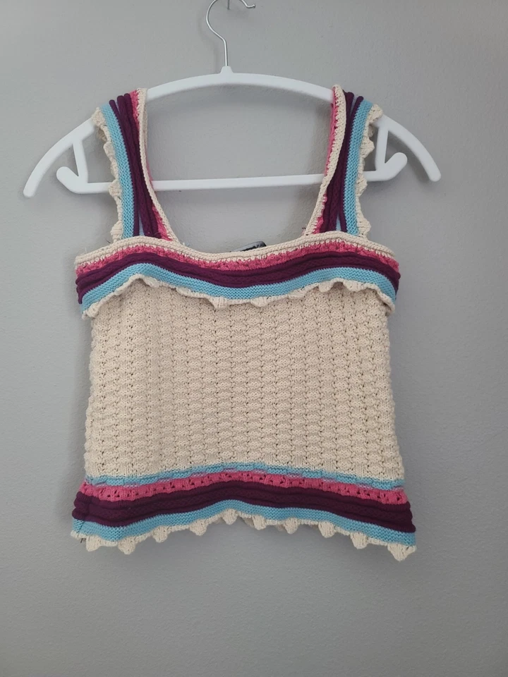 Camiseta corta de algodón de ganchillo talla S boho informal sin mangas  Foto 2 de 3