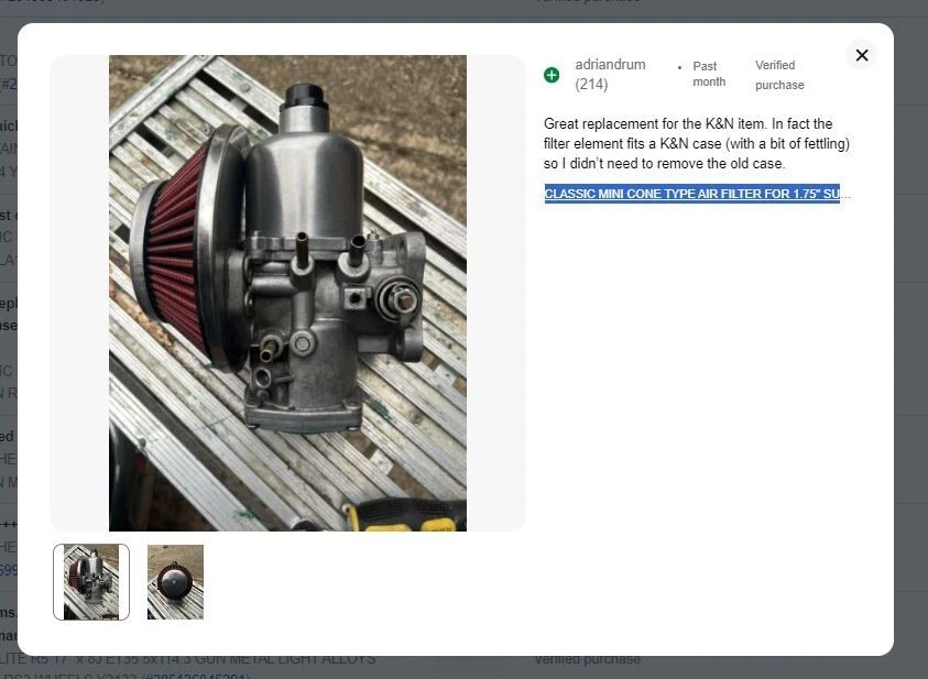 CLASSIC MINI CONE TYPE AIR FILTER FOR 1.75" SU CARB HIF44 AUSTIN RED X3823 - Image 2 of 3