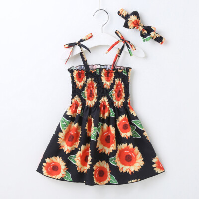 Toddler  Baby Girls Floral Gallus dress+Headwear Bohemian Summer Beach Dress