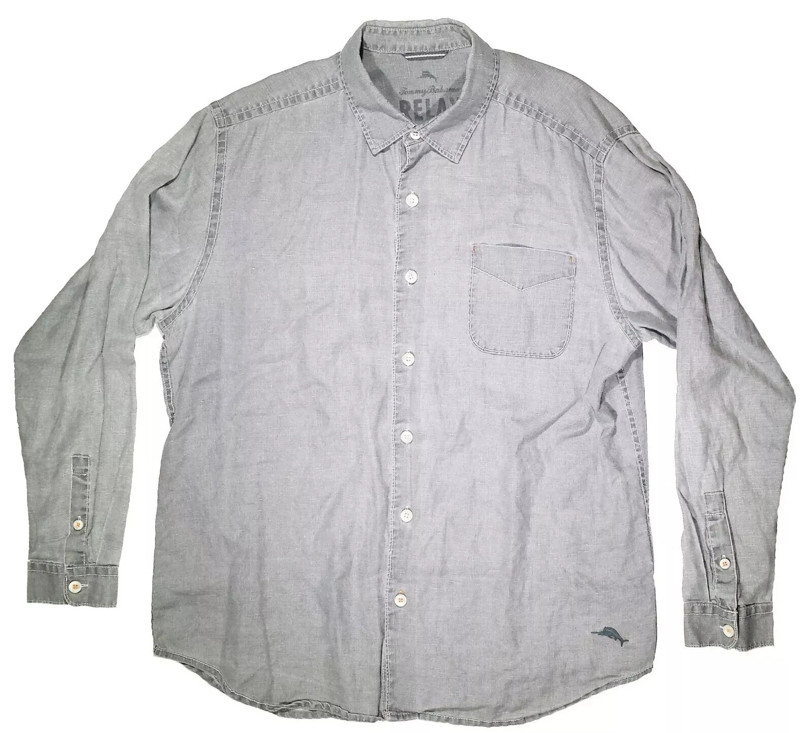 Tommy Bahama Mens Collar Shirt Large Relax 100% Linen Pocket Long Sleeve
