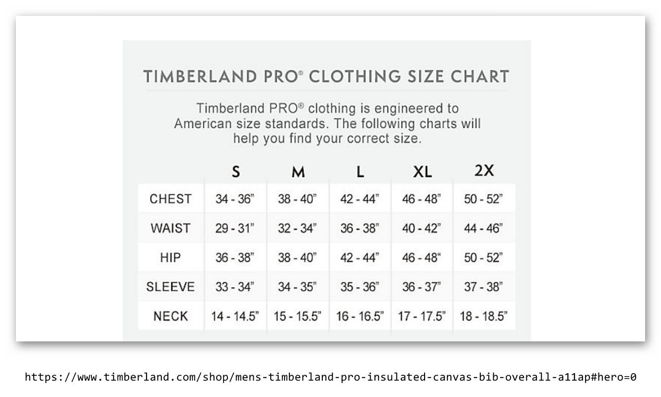 timberland pro size chart