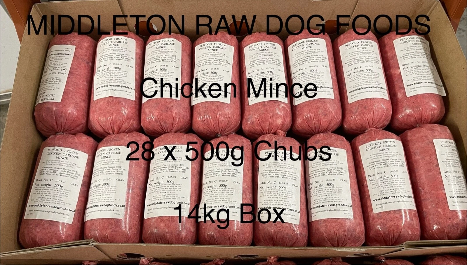 Frozen Dog Food Chicken Mince 28 x 500g Chubs 14kg box BARF RAW DIET delivered
Opens in a new window