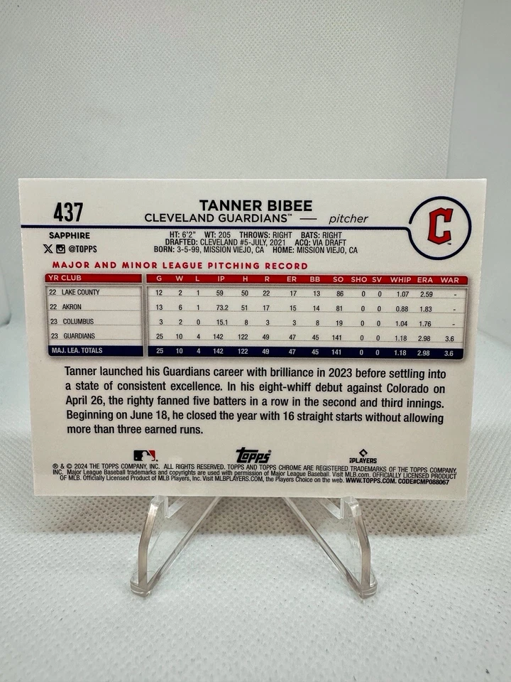 2024 Topps Chrome Sapphire #437 Tanner Bibee Orange /25 Future Stars Guardians - Image 2 of 2