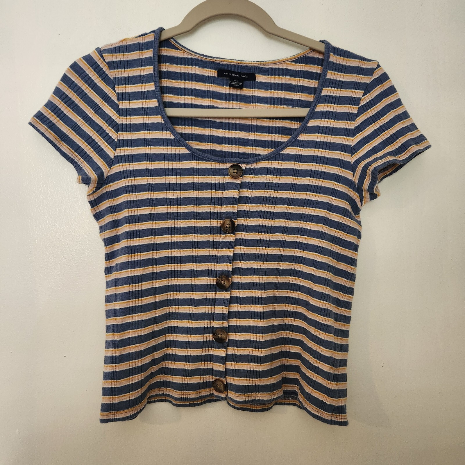 American Eagle Baby Tee Scoop Neck Stripped Ribbed Button Detail Sz Med Blue Yel