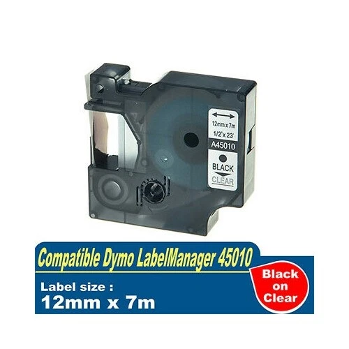 1x Compatible Label Tape for Dymo 45010 Black on Clear 12mm x 7 meter SD45010 - Picture 1 of 1