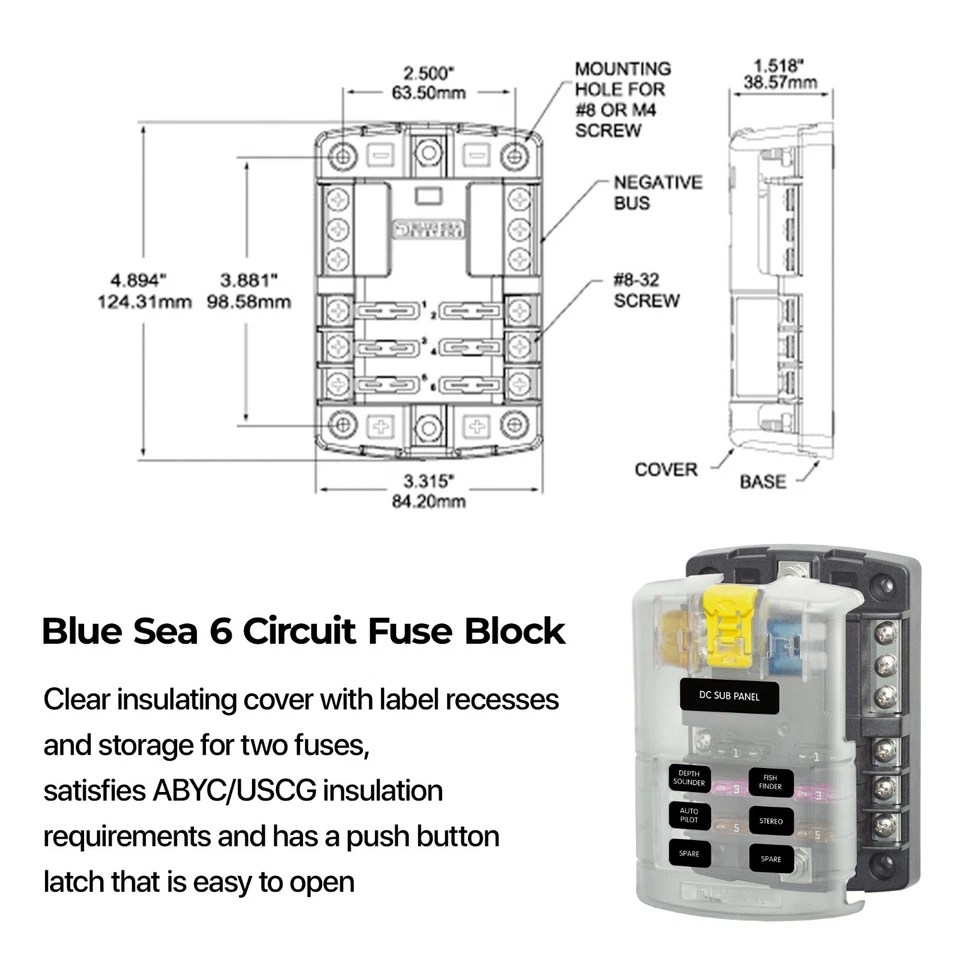 Blue Sea Systems 5025 6-Circuit ST Blade Fuse Block with Ground & Cover 100A - Image 3 of 4