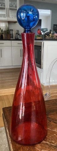 Vintage BLENKO Art Glass Red DECANTER mcm decor mismatched stopper