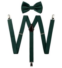 TIE G Solid Color Men's Suspender Woven Bow Tie Set for Wedding Hunter Green