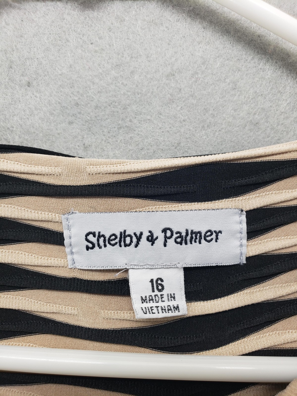 Shelby & Palmer Dress Womens 16 Black Beige Stripe Ruched Knee Length 3/4 Sleeve