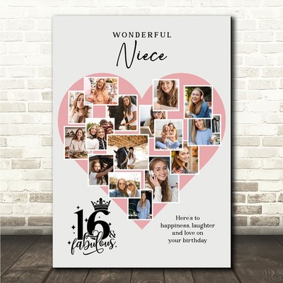 Fotocollage 16. Geburtstag Geschenk für Nichte 16-Foto rosa Herz Druck oder Leinwand