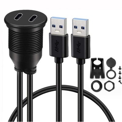 Double USB 3.0 to Type C Waterproof Vehicle Chargers Extension Cable Panel Mount