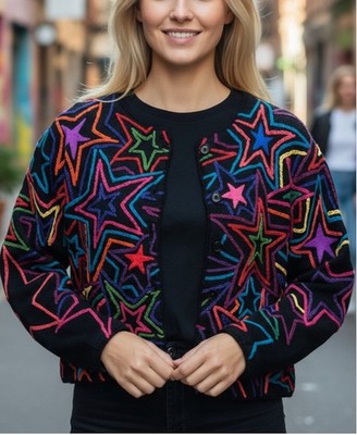 Vintage Michael Simon Stars Multi Color embroidered  Sweater  Jacket  P/Small