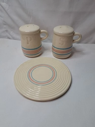 RARE McCoy Pottery Pink and Blue Stripe Salt & Pepper Shakers & Trivet 1052 Lot
