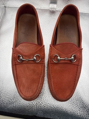 Gucci Men s Coral Red Suede Loafers Size 8 1/2G Horsebit Slip On.