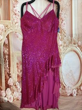 Morgan Co Formal Prom Gown Fuchsia Pink Sequin Strappy Ruffle Slit Plus Sz 22W