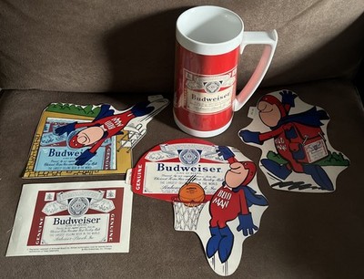 Vintage Anheuser Busch BUDWEISER BUDMAN Lot Of 4 Stickers & Therma Serv Mug Used