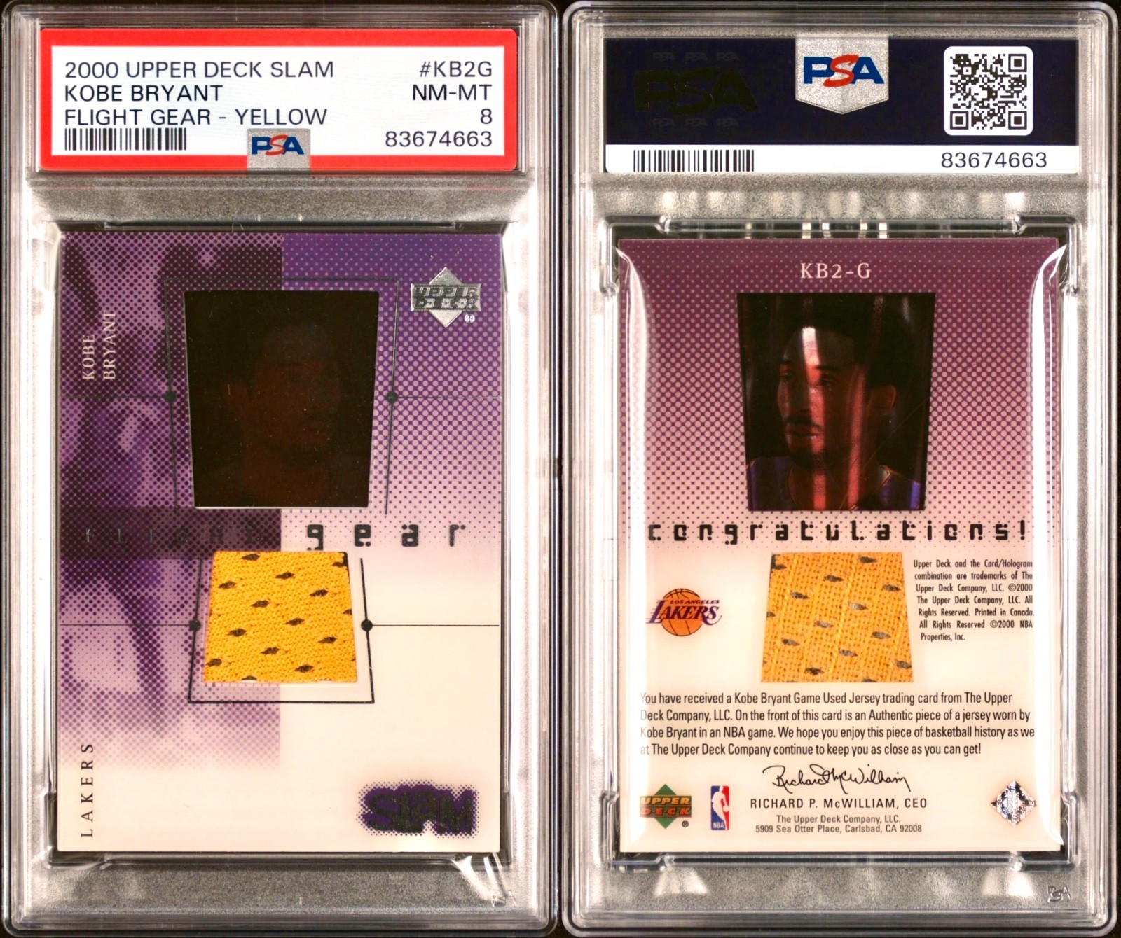 KOBE BRYANT 2000-01 Upper Deck Slam Flight Gear Yellow Game-Worn Patch PSA 8 view 3