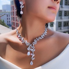 Silver Plated Twisted Vine Leaf Drop Earrings Necklace Zircon Bridal Jewelry Set