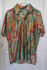 Lilly Dache Vintage Men's Large Satin Disco Retro Abstract Shirt Multicolor