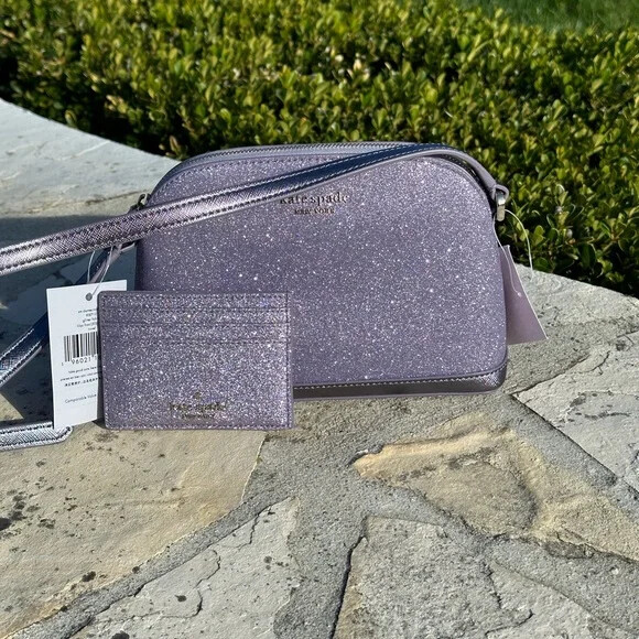 Kate Spade Tinsel Glitter Fabric Small Dome Crossbody Bag/ Card Case Optio lilac